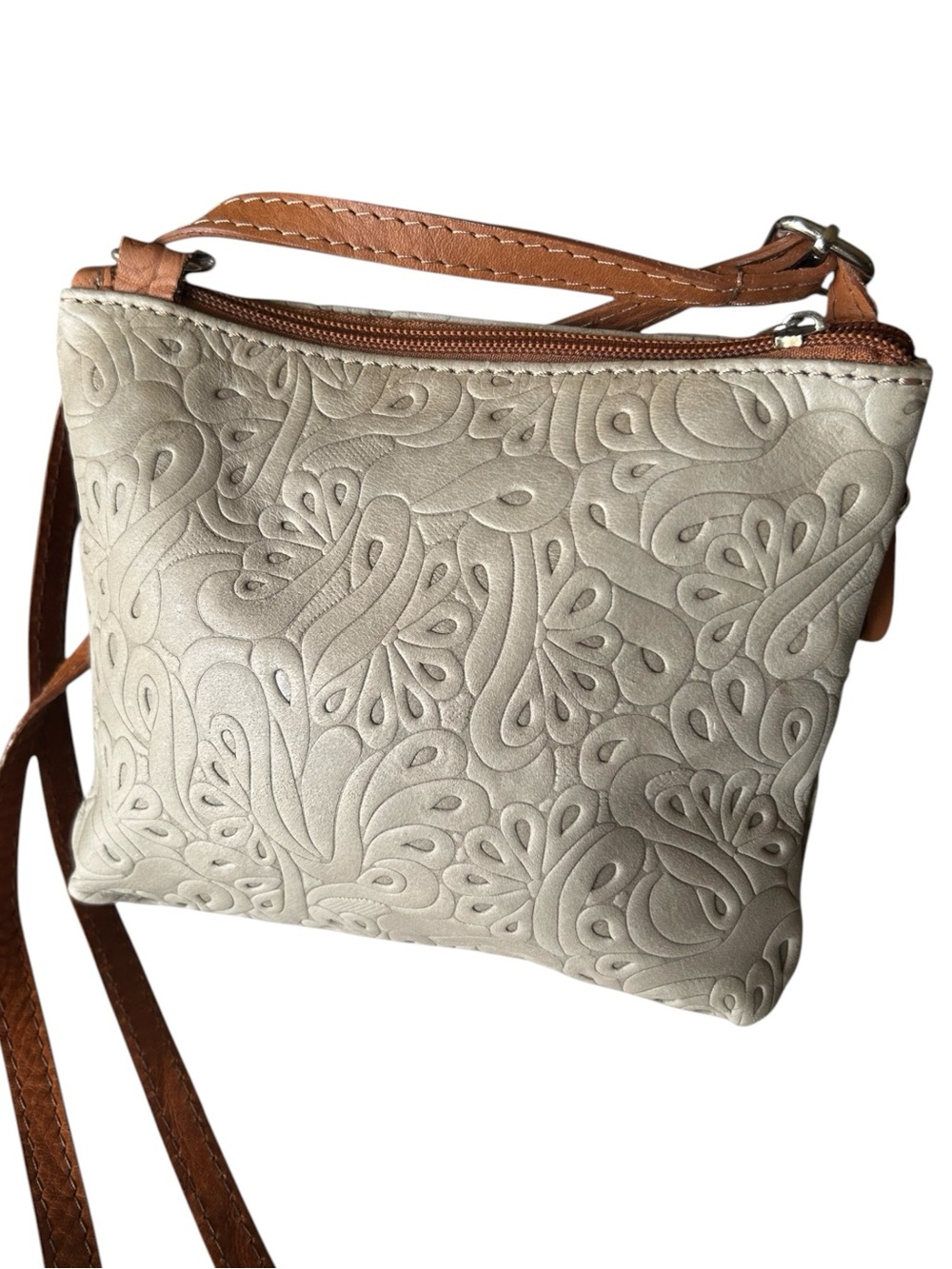 Italian Leather-Embossed Crossbody Bag in Cream and Tan - Picture 6 of 10